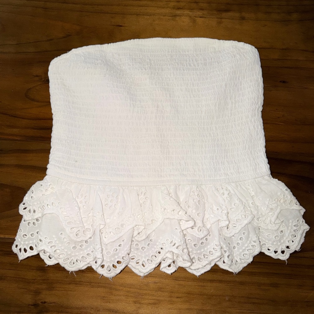 White Smocked Strapless Eyelet Ruffle Crop Top